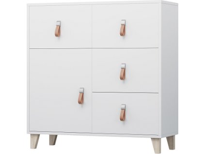 FELICITA 03 (FIGO 03) - KOMODA 4S1D - bílá/kožené úchytky/dřevěné nohy (3balíky)(IZ) (K150-E)