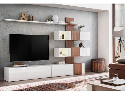 Obývací stěna, sestava CEBUS s LED osvětlením, bílý lesk/dub sterling