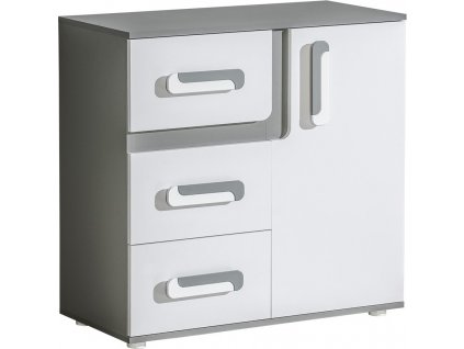 APALUCHA 8- KOMODA nízká s dvířkami, šuplíky a poličkami (APETITO 8) - korpus šedá/dvířka bílá/úchyt bílošedá (DO) (K150-Z)