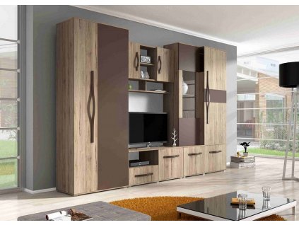 MARGARETA (MODENA) - se skříní -  bytová stěna - lamino sann remo rustic / dub hnědý-(NOVĚ ZADNÍ SOLOLIT V BÍLÉ BARVĚ)( 7 balíků vč.skříň) (IZ) (K150)