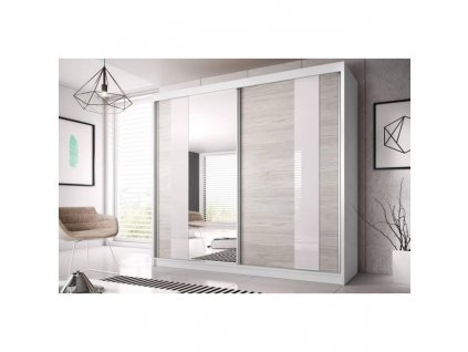 MURPHY 32 (MULTI 32) - ŠATNÍ SKŘÍŇ 200(203) - 2 dvéřová - bílá/ bříza kalhut /zrcadlo/ bílé sklo (IZ) (K150-Z)