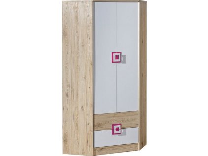 NIKOS 2- Skříň rohová (NICO 2) - bílá/dub světlý- úchyt růžová (DO) (K150-Z)