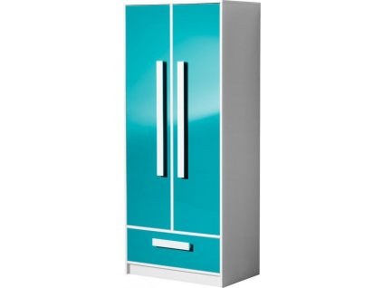 GOLIÁŠ 1- Skříň 80 dvoudvéřová (GULIVER 1) -korpus bílá/dvířka tyrkys lesk/úchyt bílá (DO) (K150-E)
