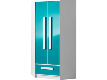 GOLIÁŠ 2- Skříň rohová dvoudvéřová (GULIVER 2)-korpus bílá/dvířka tyrkys lesk/úchyt bílá (DO) (K150-E)