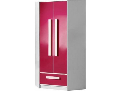 GOLIÁŠ 2- Skříň rohová dvoudvéřová (GULIVER 2)-korpus bílá/dvířka růžová lesk/úchyt bílá (DO) (K150-E)