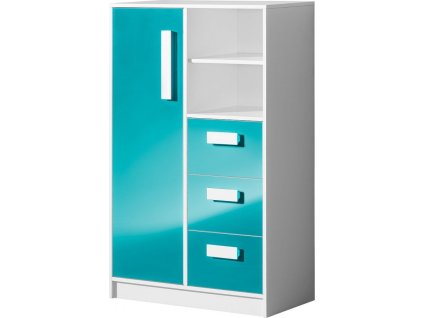 GOLIÁŠ 5- komoda vysoká se 3 šuplíky (GULIVER 5)-korpus bílá/dvířka tyrkysová lesk/úchyt bílá (DO) (K150-E)