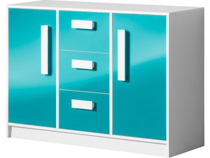 GOLIÁŠ 6- komoda nízká se 2 dvířkami 3 šuplíky (GULIVER 6)-korpus bílá/dvířka tyrkysová lesk/úchyt bílá (DO) (K150-E)