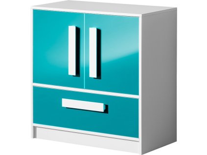 GOLIÁŠ 8- komoda vysoká se 2 dvířkami a 1šuplík (GULIVER 8)-korpus bílá/dvířka tyrkysová lesk/úchyt bílá (DO) (K150-E) MIMOŘÁDNÁ AKCE DO VYPRODÁNÍ SKLADOVÝCH ZÁSOB