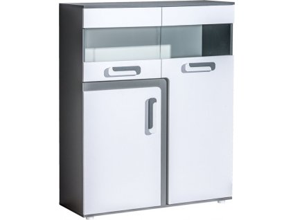 APALUCHA 16- KOMODA vyšší s dvířkami, šuplíky a poličkami (APETITO 16) - korpus šedá/dvířka bílá/úchyt bílošedá (DO) (K150-Z)