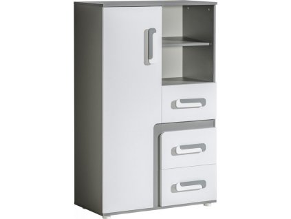 APALUCHA 6- KOMODA úzká vyšší s dvířkami, šuplíky a poličkami (APETITO 6) - korpus šedá/dvířka bílá/úchyt bílošedá (DO) (K150-Z)