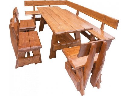 Dřevěná zahradní sestava OM-264, (1x stůl + 1x lavice roh + 3x židle) výběr barev (Barva smrk-moření-dub-lak)