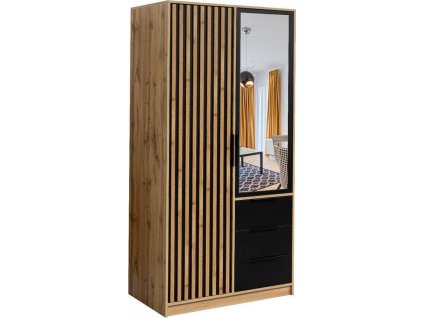 Šatní skříň BASILIO LUX 100 dub wotan/černá/zrcadlo