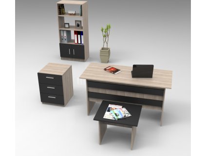 AREZO kancelářský set s regálem, dub/černá
