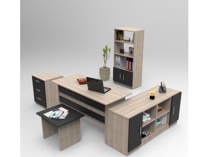 COLIMA kancelářský set s regálem, dub/černá
