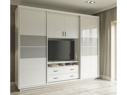 Šatní skříň VERSAL 270/220 bílá/šedý/bílý lesk