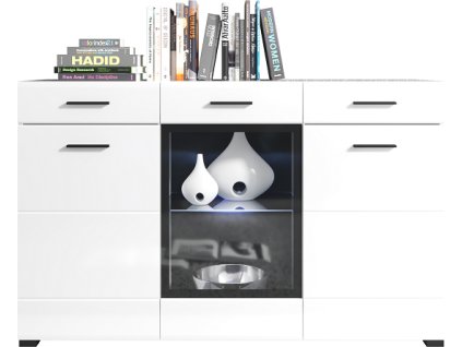 ARKTIKA NEW -komoda kom 1W2D2S, lamino Bílá/bílý lesk vetně LED osvětlení(Vusher kom 1w2d2s 3balíky)(UG) (K150)