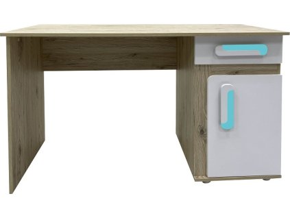APALUCHA 9- PSACÍ STŮL se šuplíkem a poličkou (APETITO 9) - korpus dub světlý/dvířka bílá/úchyt tyrkysová + lišty(DO) (K150-Z)