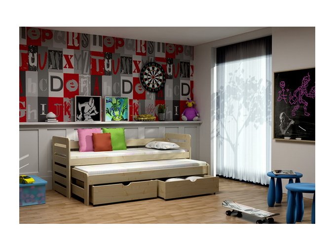 Masiv 11 postel  s přistýlkou a úložným prostorem borovice masiv