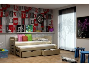 Masiv 11 postel  s přistýlkou a úložným prostorem borovice masiv