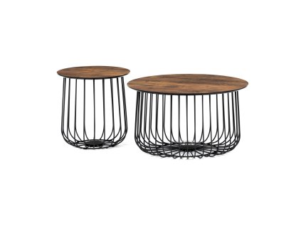 Set 2 ks stolků,pr.60x34, pr.37x39 cm, deska MDF, 3D dekor staré dřevo, kovová drátěná podnož, černý mat