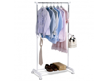Stojan na šaty s odkladačem a otočnými závěsy, bílá barva, kov / plast, chrom - ABD-1212 WT