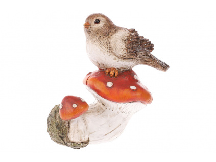 Ptáček sedící na červené houbě. Polyresin ALA278-RED