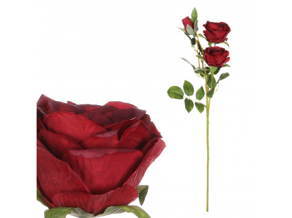 Růže, dva květy s poupětem, barva červená Květina umělá KN5115-RED