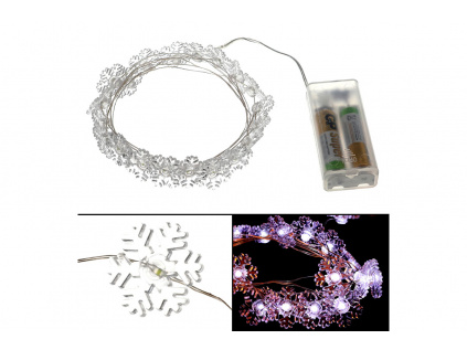 Řetěz s LED světýlky na baterie, sněhová vločka, barva studená bílá - LED877057