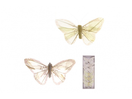 Motýl s klipem, 6ks v krabičce, bílý s glitry, cena za 1 krabičku - MO1961