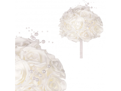 Puget z pěnových růžiček s korálky do ruky , barva bílá, umělá dekorace - PRZ2889