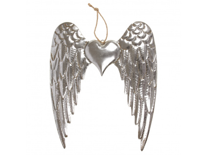 Křídla se srdíčkem, kovová dekorace na zavěšení, barva stříbrná - UM0743