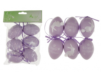 Vajíčka plastová 6cm, s nápisem VESELÉ  VELIKONOCE, 6 kusů v sáčku, barva lila, - VEL5047-LILA