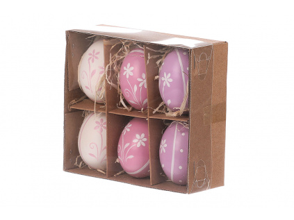 Kraslice z pravých vajíček, bílo-fialová varianta. Cena za 6ks v krabičce VEL6024