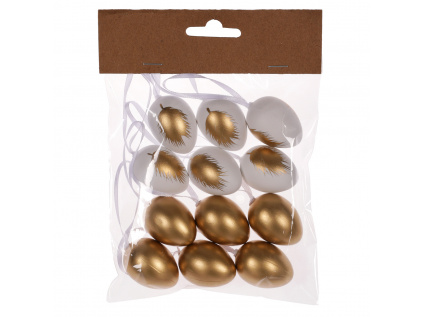 Vajíčko plastové, se zlatým pírkem, 4cm. Cena za  sáček (12ks) VEL7008