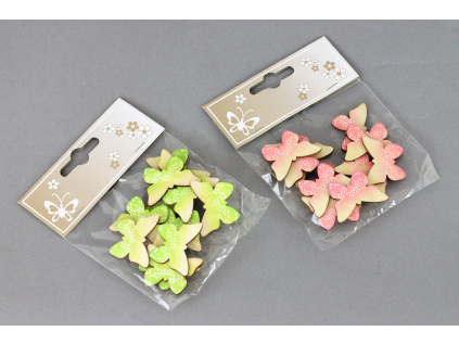 Motýl na přilepení, 12 kusů v sáčku, dřevěná dekorace, cena za 1 sáček - VEL810405