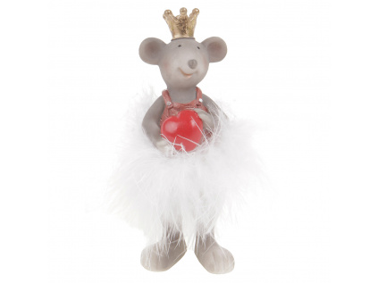 Myška s korunkou a bílou sukní z peří, polyresinová dekorace ZP2261