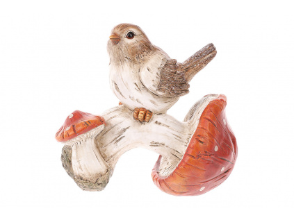 Ptáček sedící na oranžové houbě. Polyresin. - ALA297