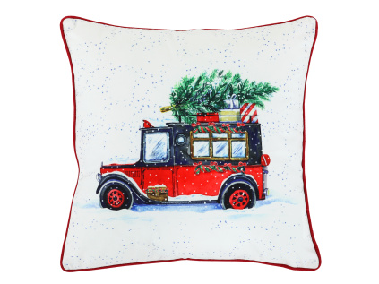 Polštář sametový s výplní, bílý - vánoční auto, 100% polyester, 45 x 45 cm. - UBR100-1