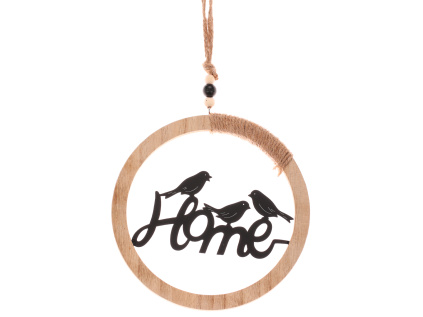 Kruh závěsný - ptáčci a nápis "HOME", dekorace z kovu a dřeva - KLS2078