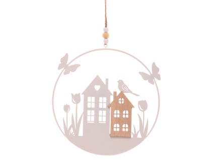 Kruh závěsný - domečky a ptáčci, dekorace z kovu a dřeva - KLS2079