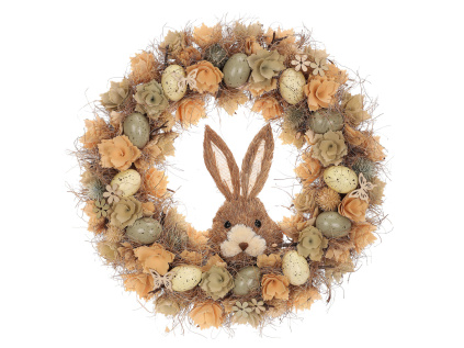 Věnec s květy a vajíčky - pr. 45 cm, hnědý zajíc uprostřed - PRK1009