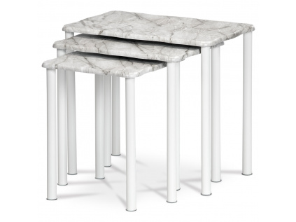 Přístavné a odkládací stolky, set 3 ks, deska šedobílý mramor, kovové nohy, bílý - 20658-04 WT