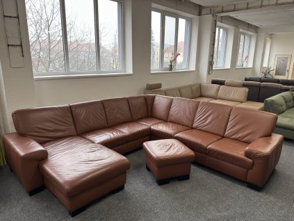 Sedací souprava tvaru U + taburet - kůže - zánovní