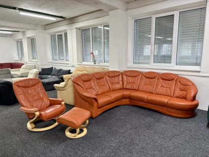 Rohová sedací souprava + křeslo + tab. - kůže – zánovní