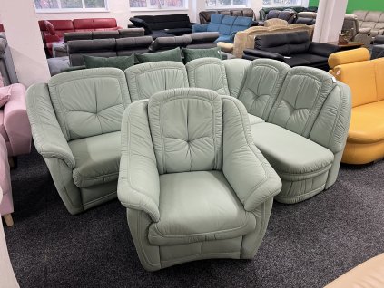 Sedací souprava rohová rozkládací + křeslo, kožená, zánovní