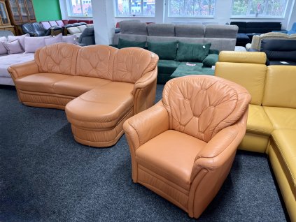 Sedací souprava rohová rozkládací + křeslo - kožená - zánovní