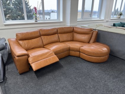 Rohová sedací souprava s elektrickým polohováním a oddělitelným taburetem – zánovní