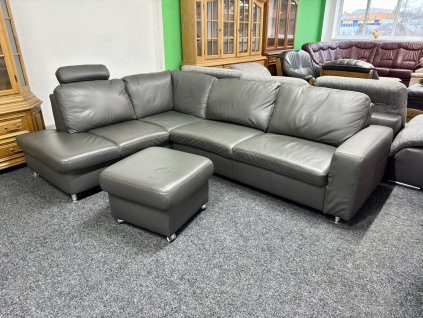 Rohová sedací souprava s taburetem, kožená – zánovní