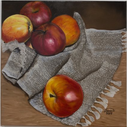 Apples, oil on canvas, size 40x40 cm. Unframed, signed lower right. Painted January 2021.