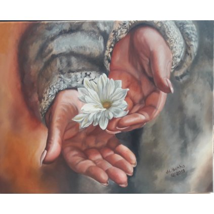 Originální ručně malovaný olejový obraz Ruce, kytka ve dlaních, olejomalba na platně, rozměr 40x50 cm